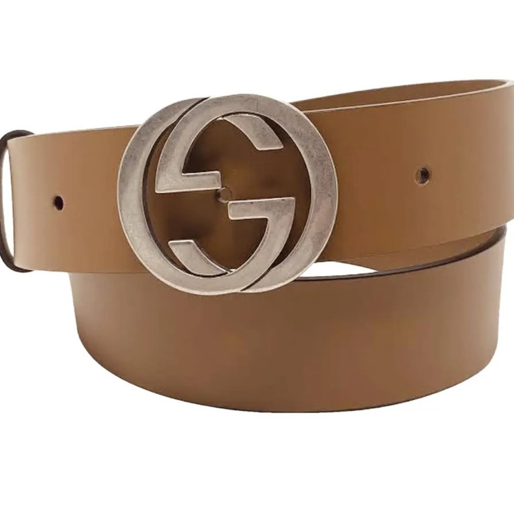 Gucci Tan Leather Belt with Silver Emblem Buckle